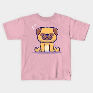 Cute Pug Dog Sitting And Sleeping Cartoon Kids T-Shirt